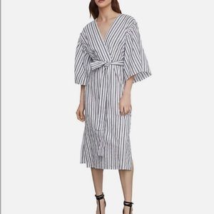 BCBG Balck and White Striped Split Neck Midi Dress